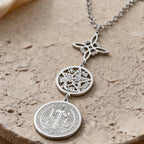 Triple Protection Stainless Steel Necklace: Witch knot, Pentagram Tetragrammaton, St. Benedict.
