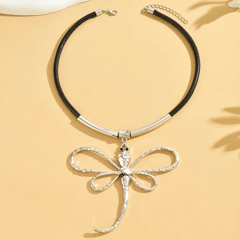 Black Cord Choker Necklace with Large Dragonfly Alloy Pendant
