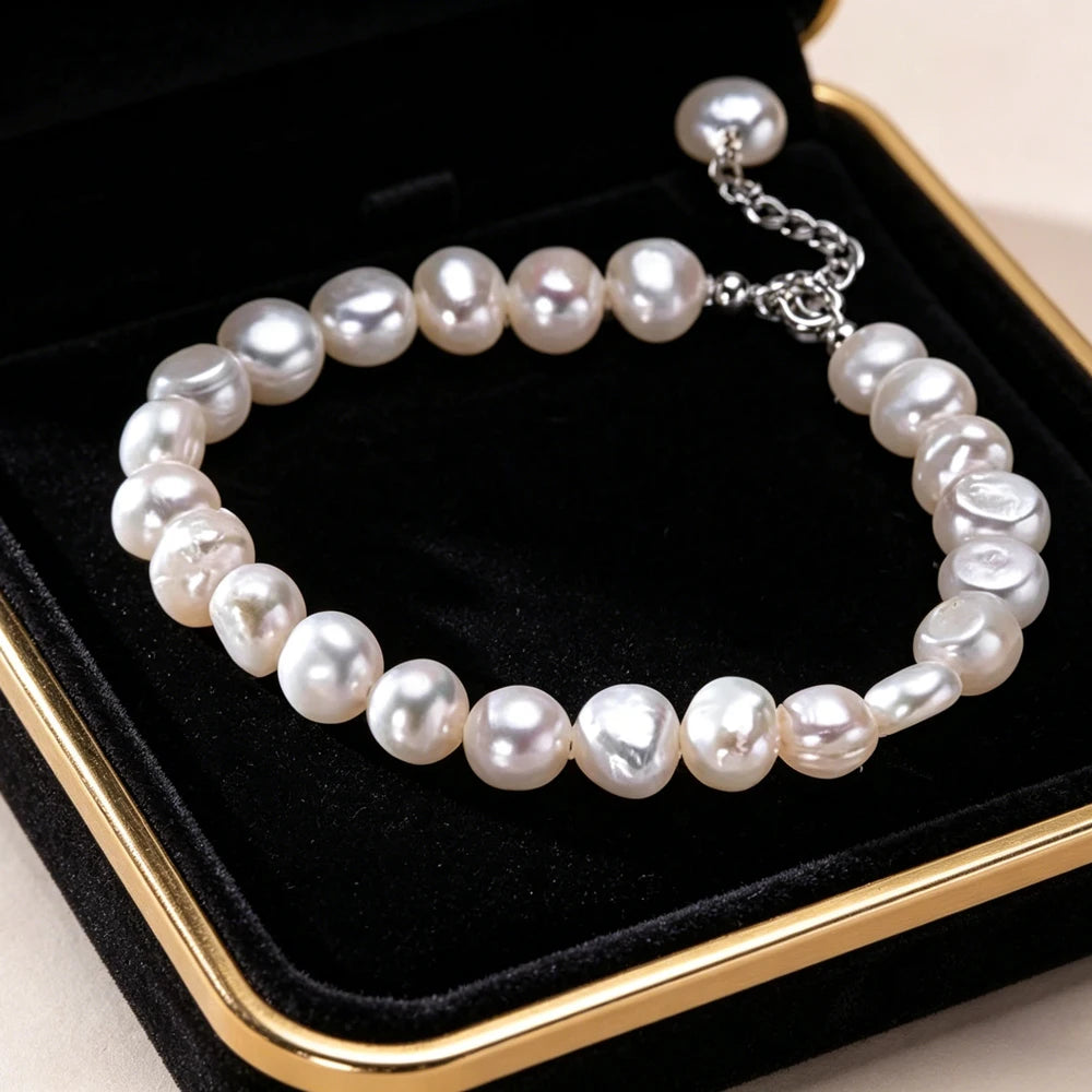 Genuine Freshwater White Pearl Bracelet in 925 Sterling Silver