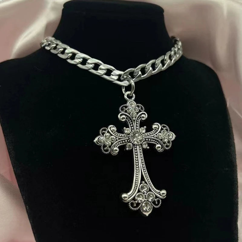 Large Gothic Antique Inspired Cross Pendant Alloy Necklace