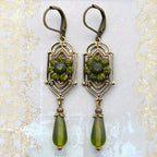 Victorian Edwardian Art Nouveau - KC Gold Plated Copper Green Stone Earrings