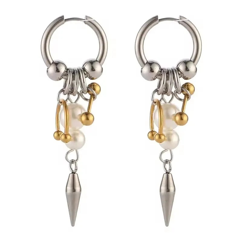 Y2K Punk Goth Spike Rivet Ball Pearl Stainless Steel Hoop Earrings