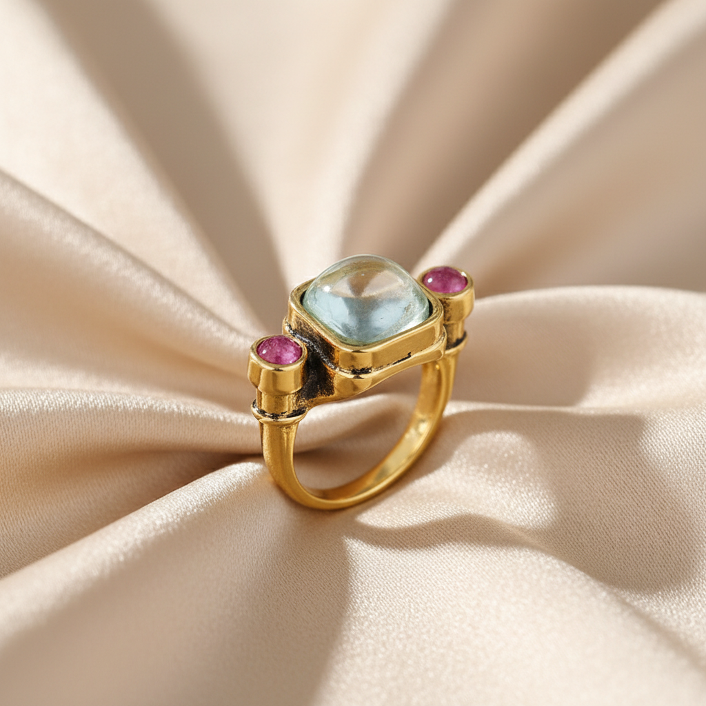 Vintage Light Blue & Pink CZ Statement Ring – Antique-Style Cocktail Ring