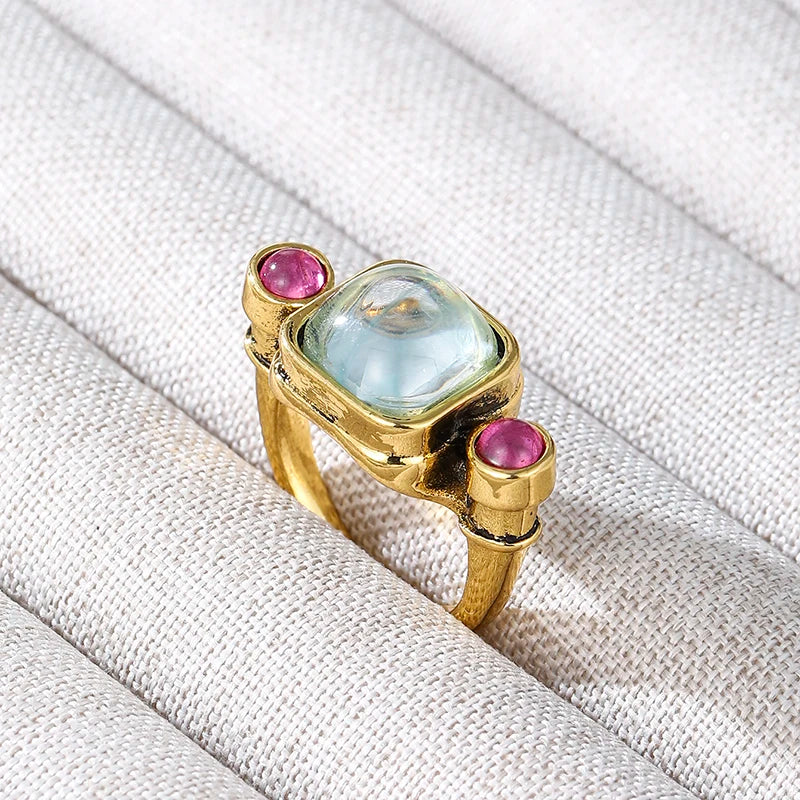 Vintage Light Blue & Pink CZ Statement Ring – Antique-Style Cocktail Ring