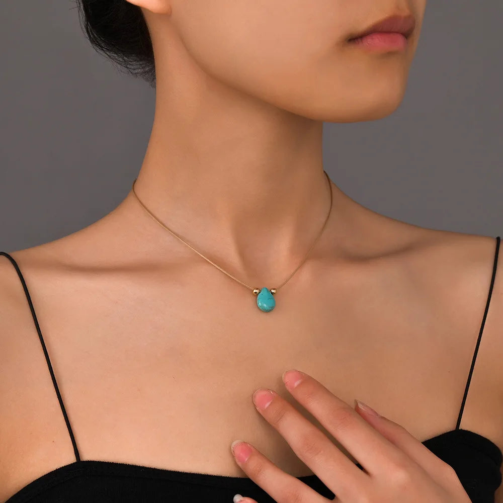 Boho Teardrop Turquoise Pendant Necklace in Stainless Steel