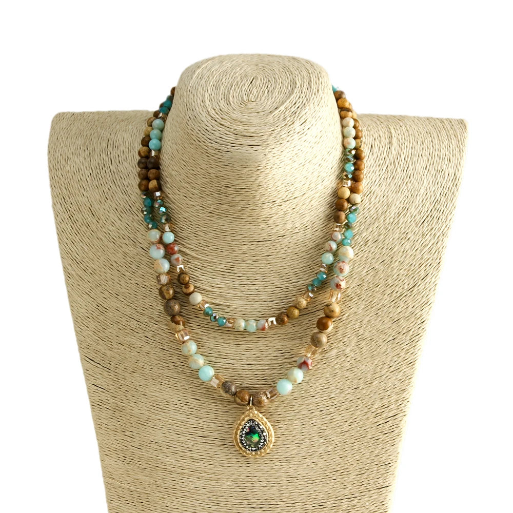 Boho Natural Stone Beads Necklace with Zircon Pendant