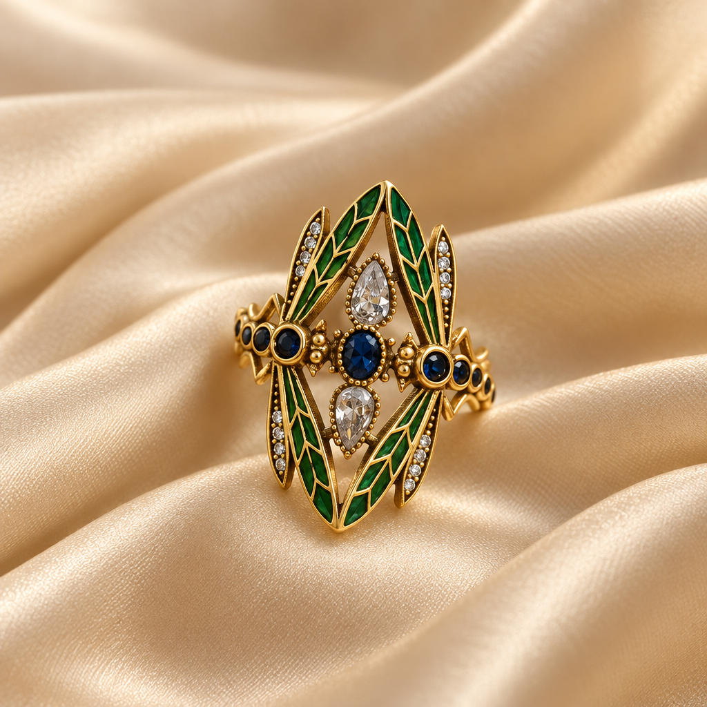 Vintage Dragonfly Ring with Multicolor CZ Crystal Accents