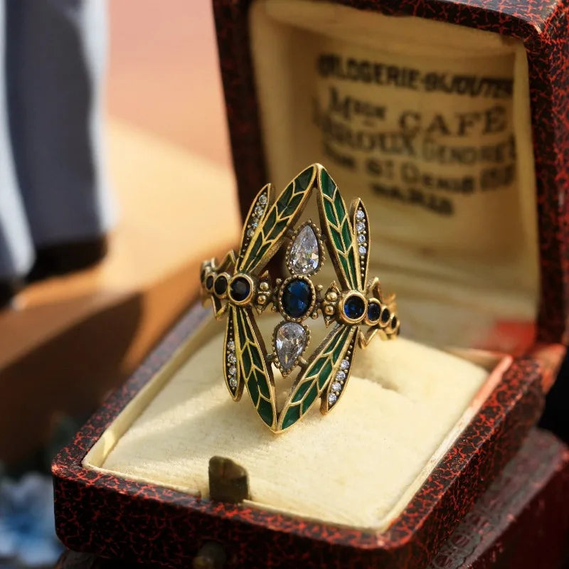 Vintage Dragonfly Ring with Multicolor CZ Crystal Accents