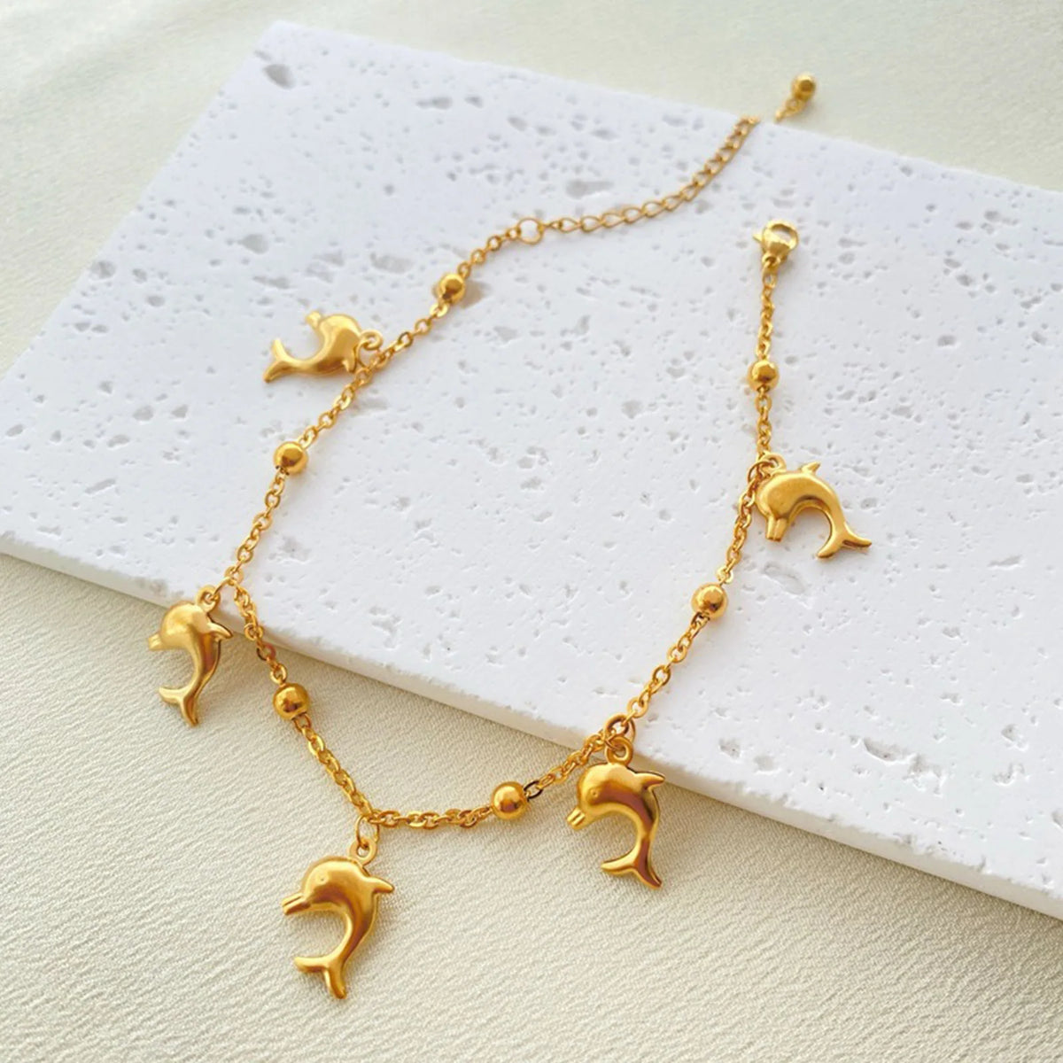 Gold Tone Stainless Steel Summer Ocean Theme Anklet - Dolphins, Starfish, Shell