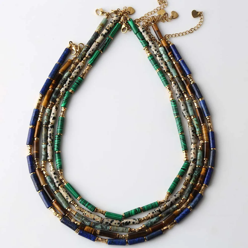 African Turquoise, Tiger Eye & Malachite Gemstone Necklace