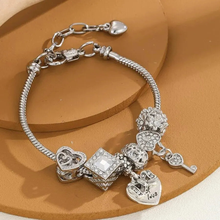 Love Heart Flower Crystal Pendant Charm Copper Bracelet