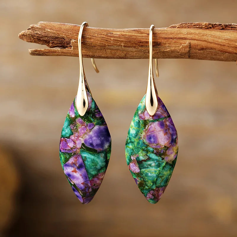 Bohemia Gold Plated Multicolored Natural Stone Leaf Drop Earrings