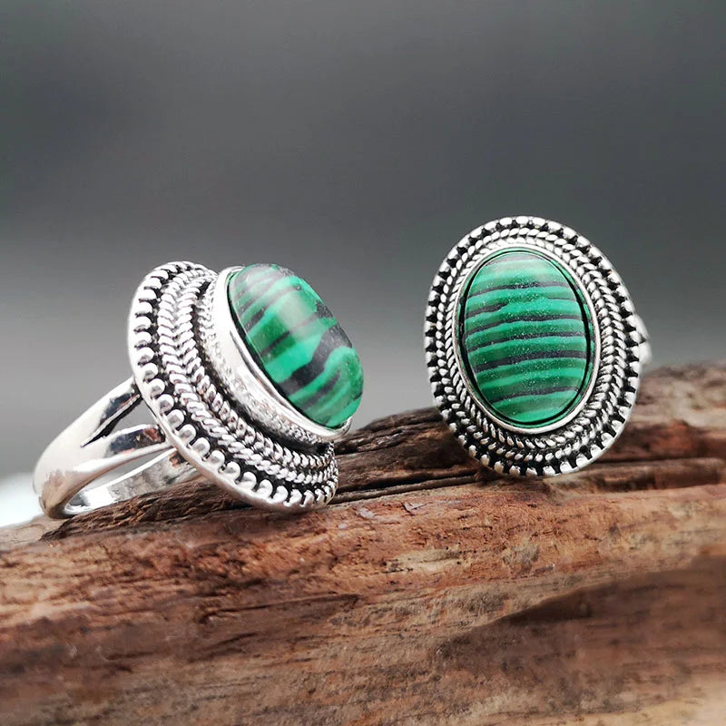 Large Oval Malachite Statement Ring – Silver-Plated Copper Bold Vintage Style