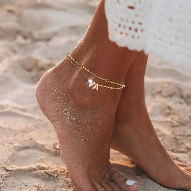 Initial 14K Gold-Plated Stainless-Steel Cubic Zirconia Heart Anklet