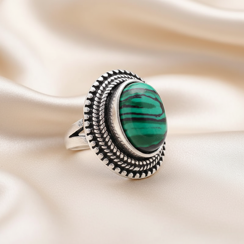 Large Oval Malachite Statement Ring – Silver-Plated Copper Bold Vintage Style