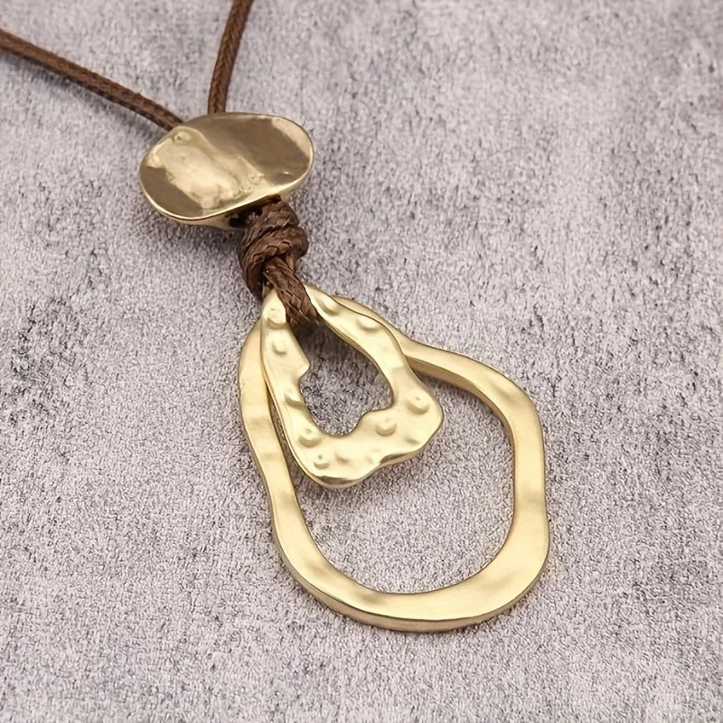 Long Geometric Statement Pendant Necklace with Leather Rope