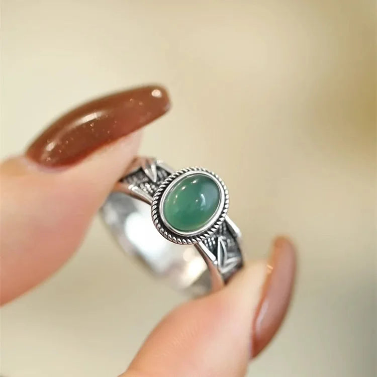 925 Sterling Silver Adjustable Green Cabochon Stone Ring