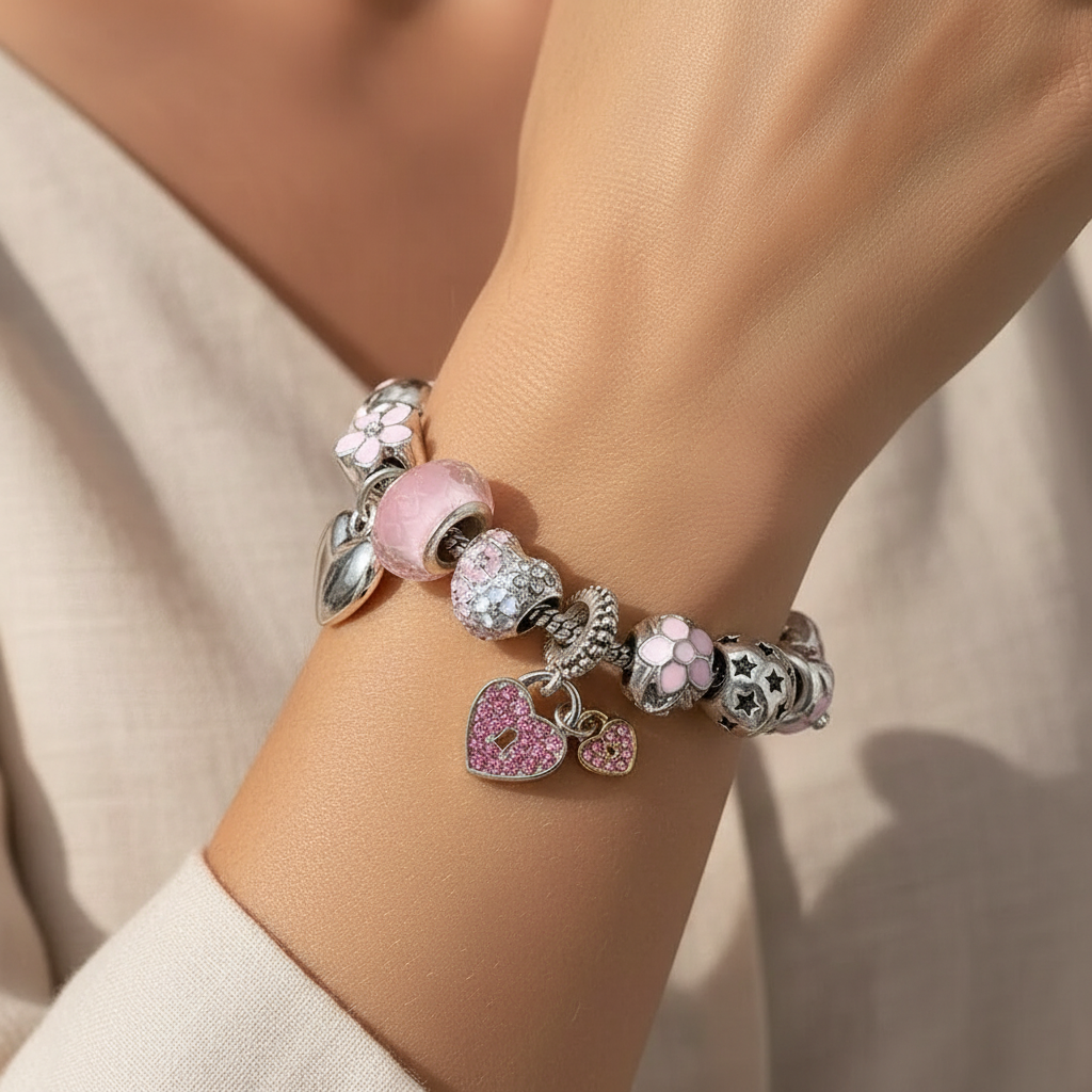 Love Heart Flower Crystal Pendant Charm Copper Bracelet