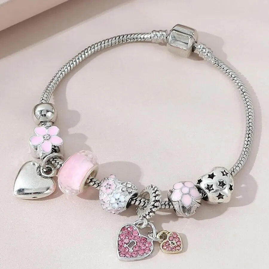 Love Heart Flower Crystal Pendant Charm Copper Bracelet