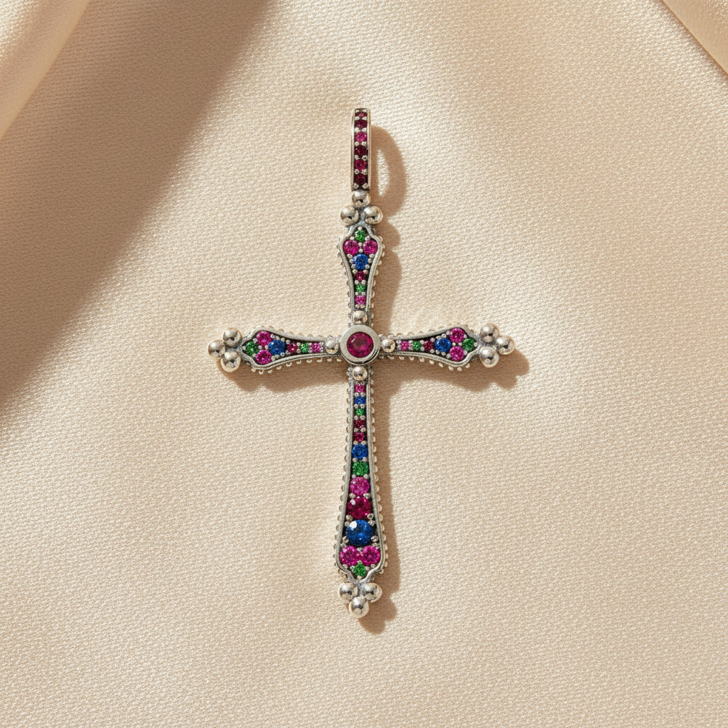 Royalty Cross Pendant in 925 Sterling Silver with Colorful Zircon Stones