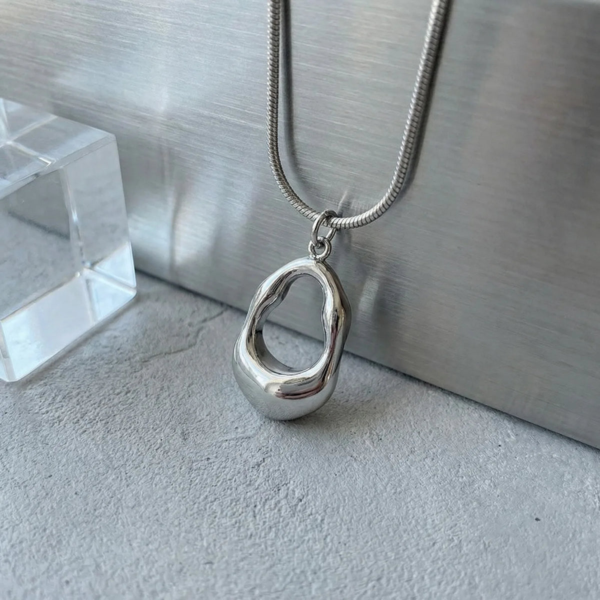 Stainless Steel Snake Chain Necklace with Oval Pendant