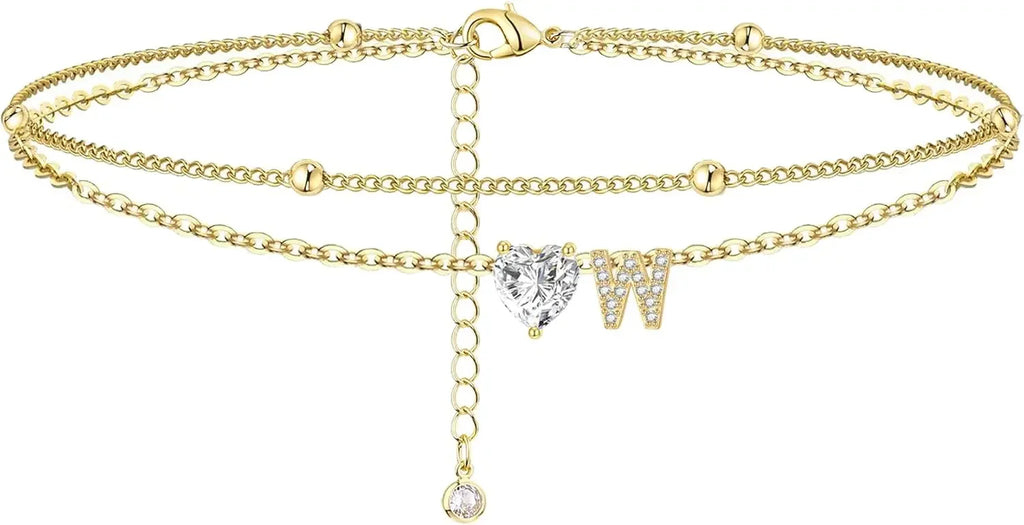 Initial 14K Gold-Plated Stainless-Steel Cubic Zirconia Heart Anklet