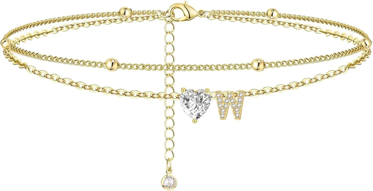 Initial 14K Gold-Plated Stainless-Steel Cubic Zirconia Heart Anklet