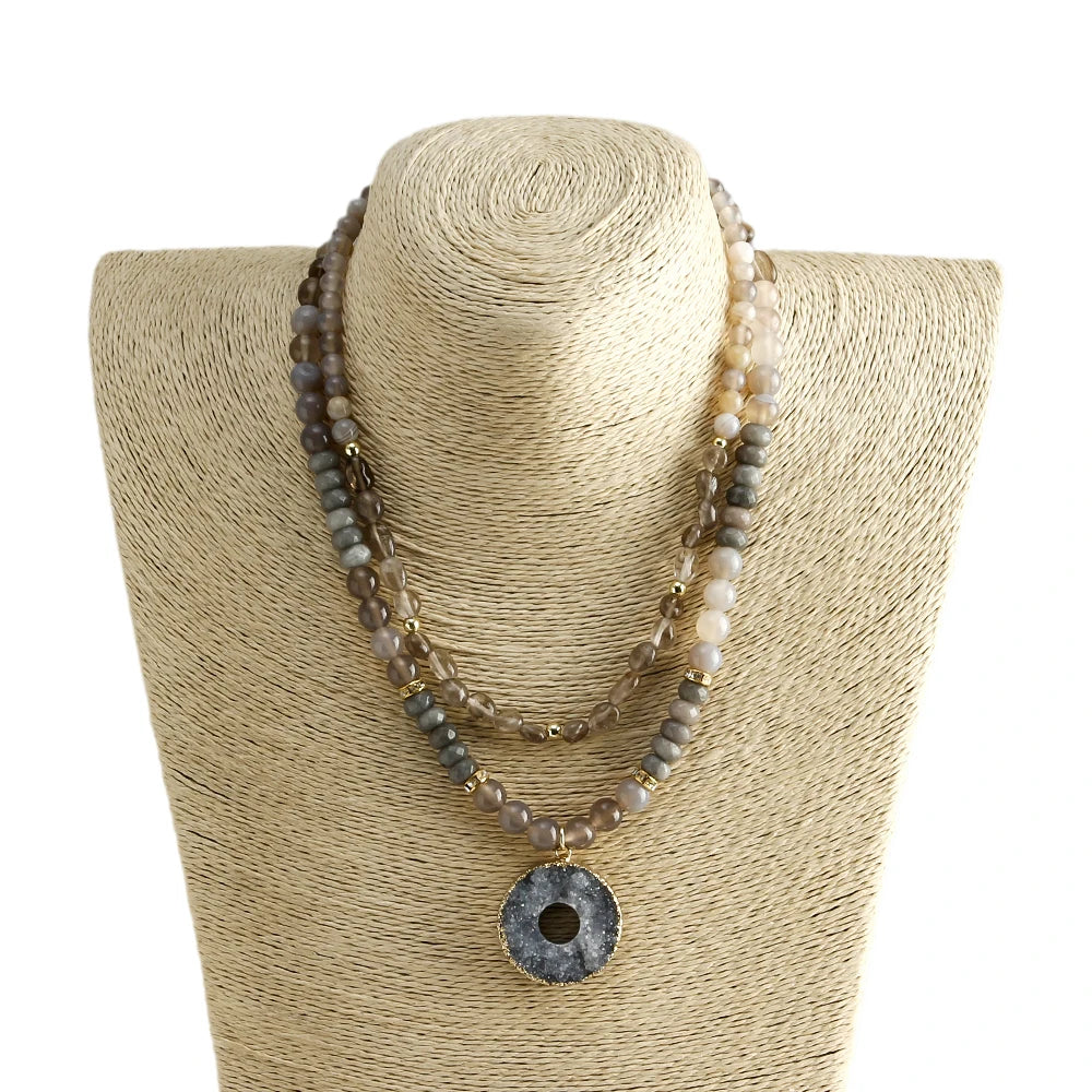 Boho Natural Stone Beads Necklace with Zircon Pendant