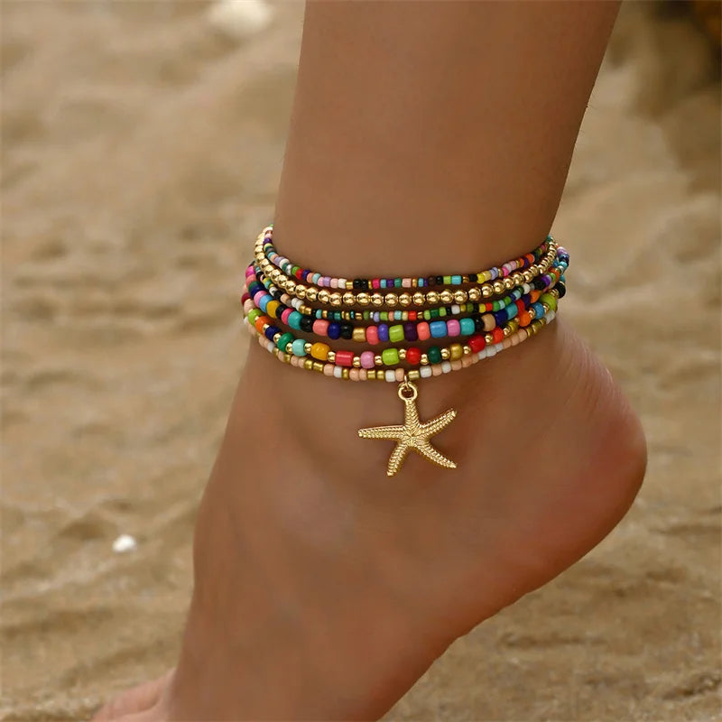 Bohemia Multilayer Rice Bead Starfish Summer Anklet - Choose Yours