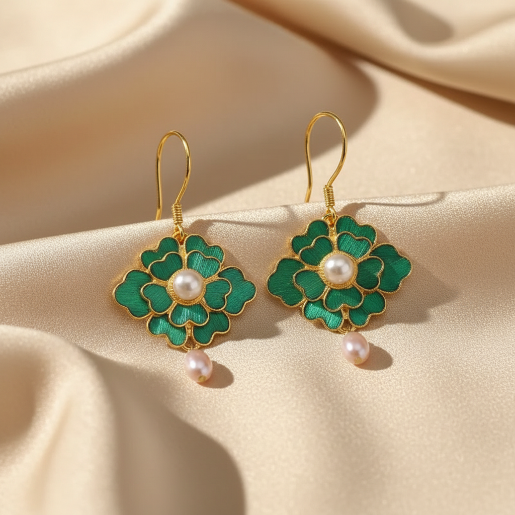 Vintage Gold-Plated Green Cloisonné Floral Drop Earrings with Faux Pearls