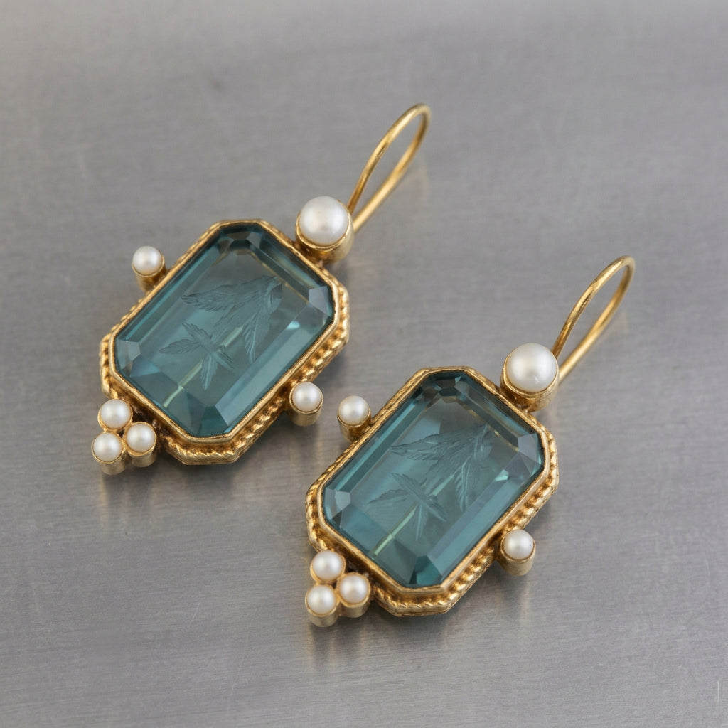Retro Geometric Crystal Drop Earrings – Green & Blue Gems with Faux Pearls in Copper