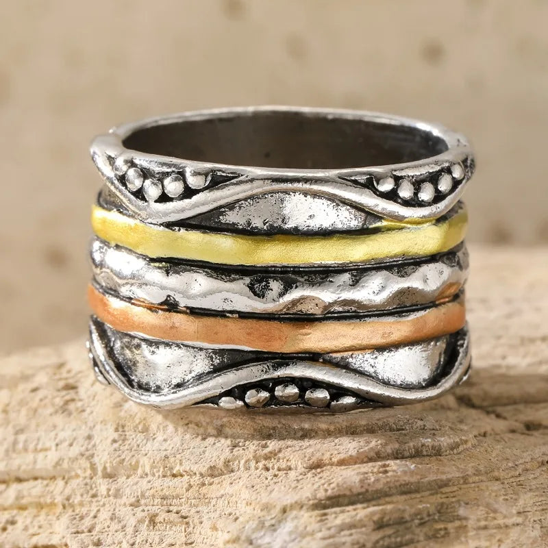 Multicolor Vintage Boho Ring – Unisex Textured Statement Band