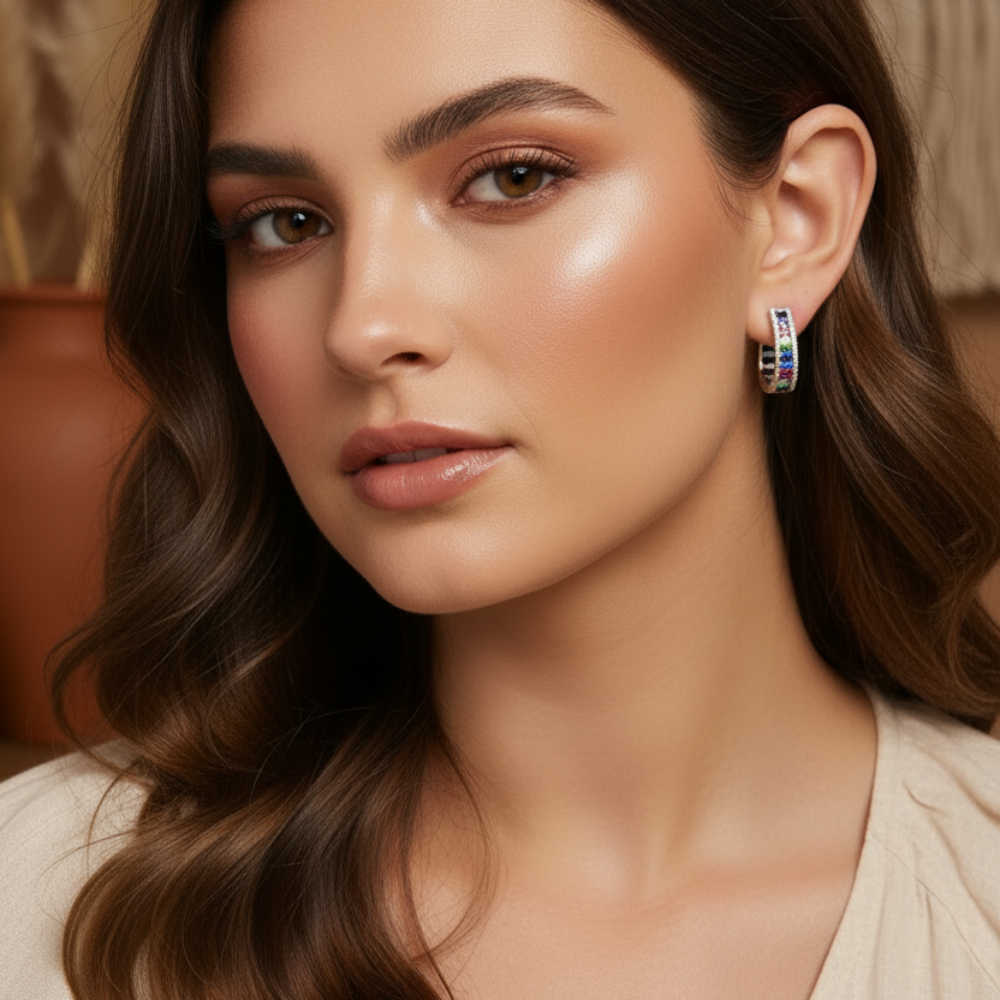 Geometric Hoop Earrings in Zinc Alloy with Colorful Zircons