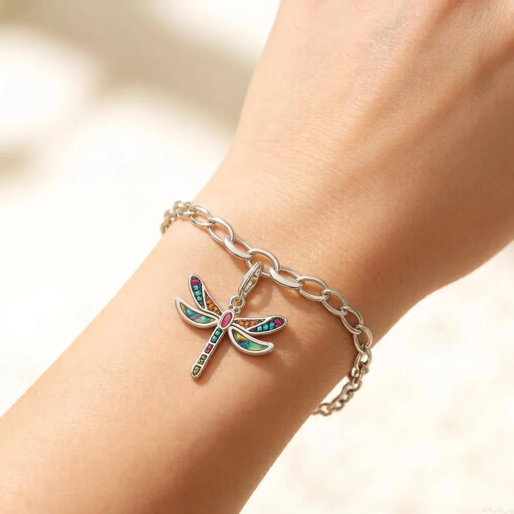 925 Sterling Silver Dragonfly Multicolor Zircon Charm Pendant Bracelet