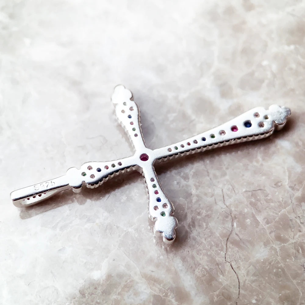 Royalty Cross Pendant in 925 Sterling Silver with Colorful Zircon Stones