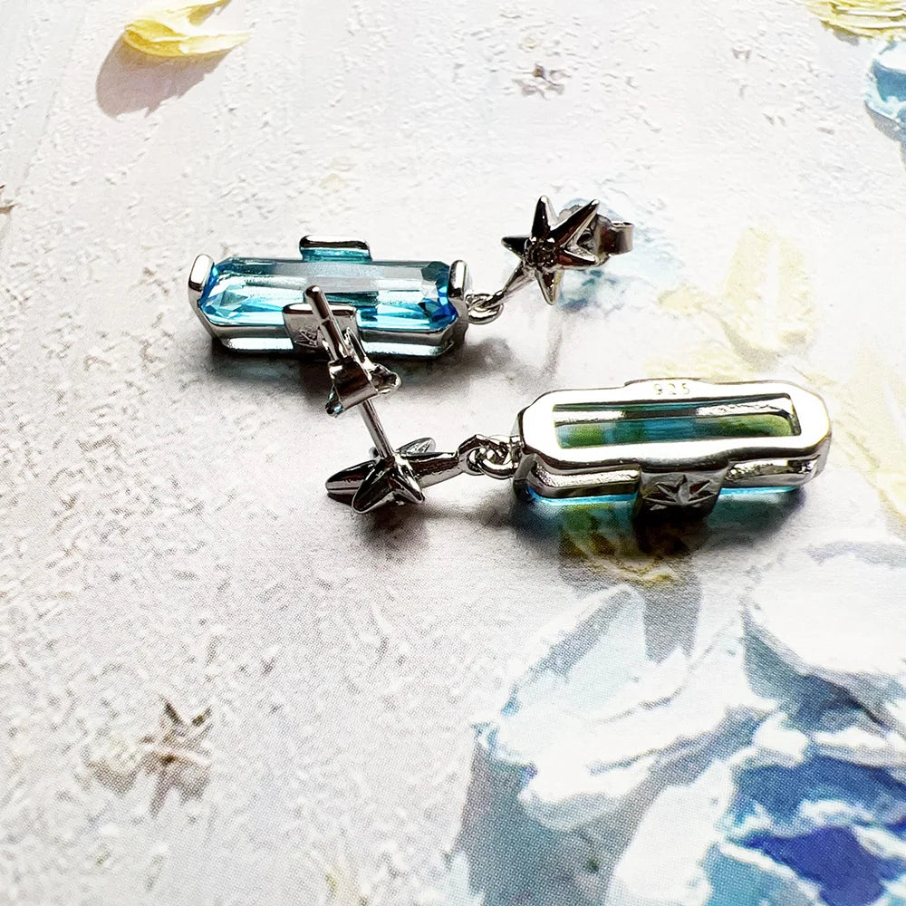 Lucky Blue Star Ear Stud Earrings in 925 Sterling Silver with Zircon Stones