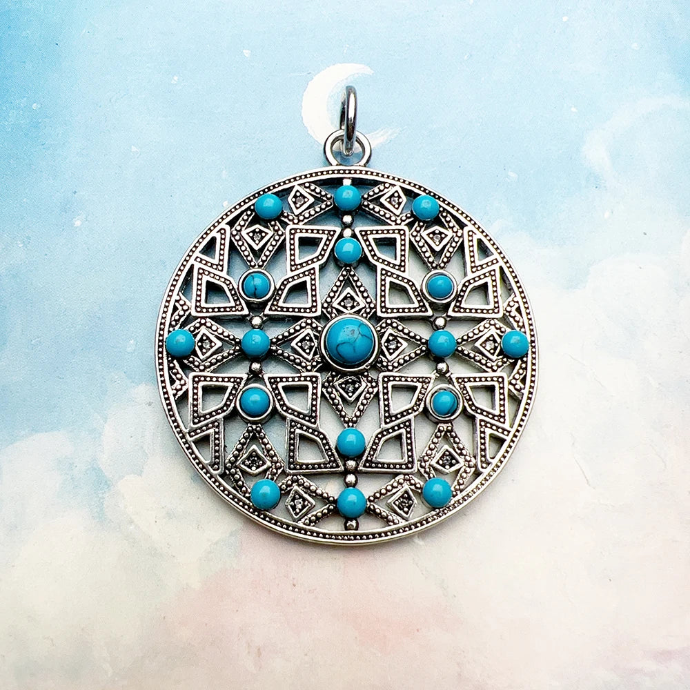 Large Round Ornament Pendant in 925 Sterling Silver with Turquoise Stones