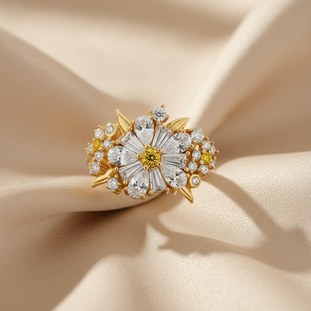 Gold-plated Daisy Cocktail Ring in Sterling Silver with Zircons