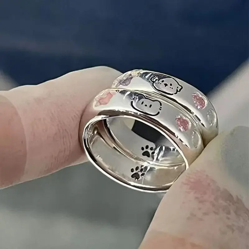 Cat & Dog Ring with Pink CZ Heart & Star - Buy a Set or Choose One, Made of Zink Alloy, Adjustable Size