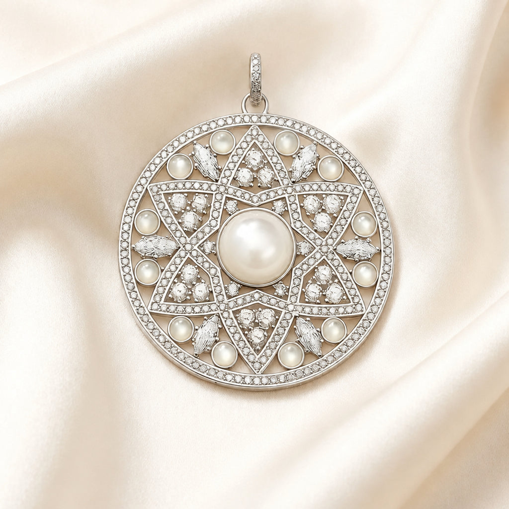 Large White Opal Pendant in 925 Sterling Silver with Zircons