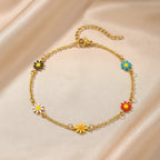 Gold Tone Stainless Steel Colorful Daisy Anklet