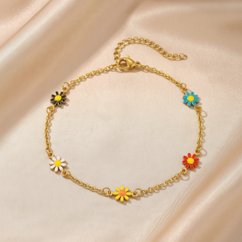 Gold Tone Stainless Steel Colorful Daisy Anklet