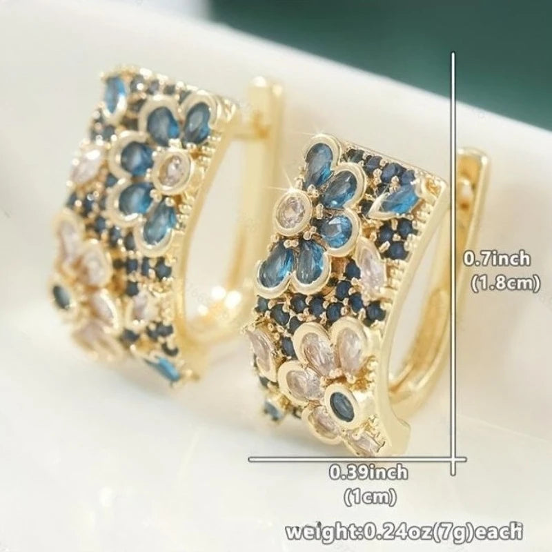 Retro Blue Zircon Flower Hoop Alloy Earrings