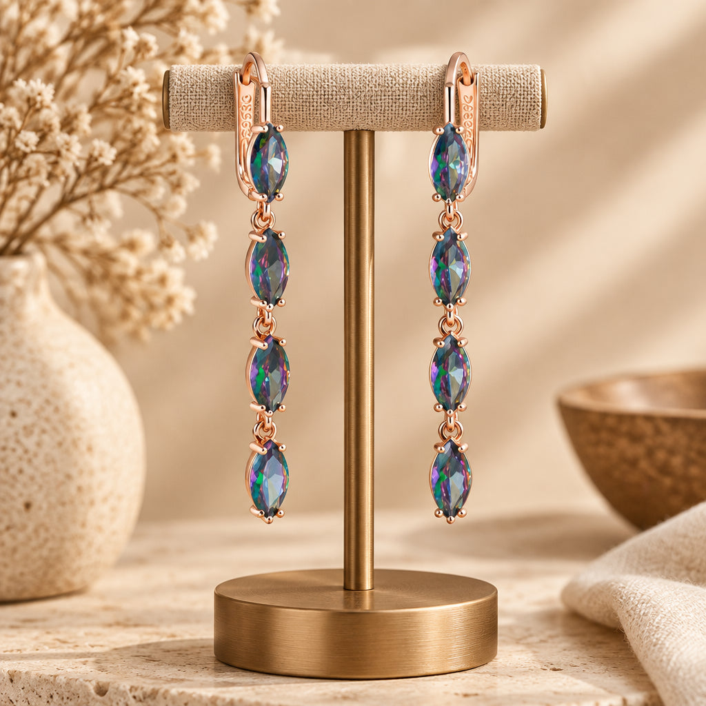 14K Rose Gold Plated Copper Long Dangle Earrings with Light Violet Zircons