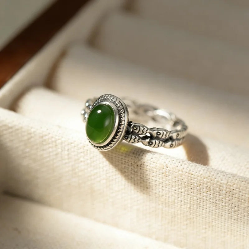 925 Sterling Silver Green Gemstone Adjustable Ring