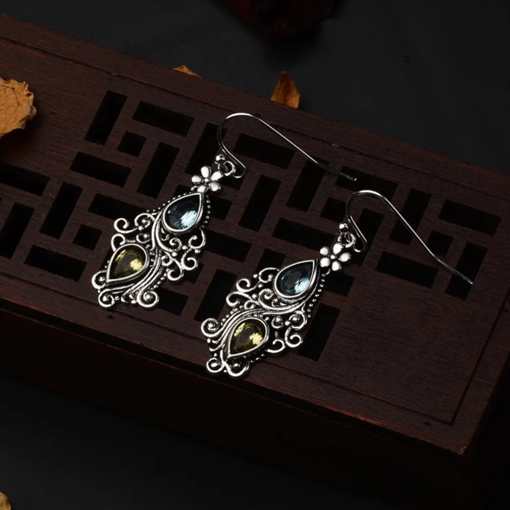 Vintage-Inspired Blue & Brown Topaz Floral Drop Dangle Earrings