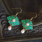 Vintage Gold-Plated Green Cloisonné Floral Drop Earrings with Faux Pearls