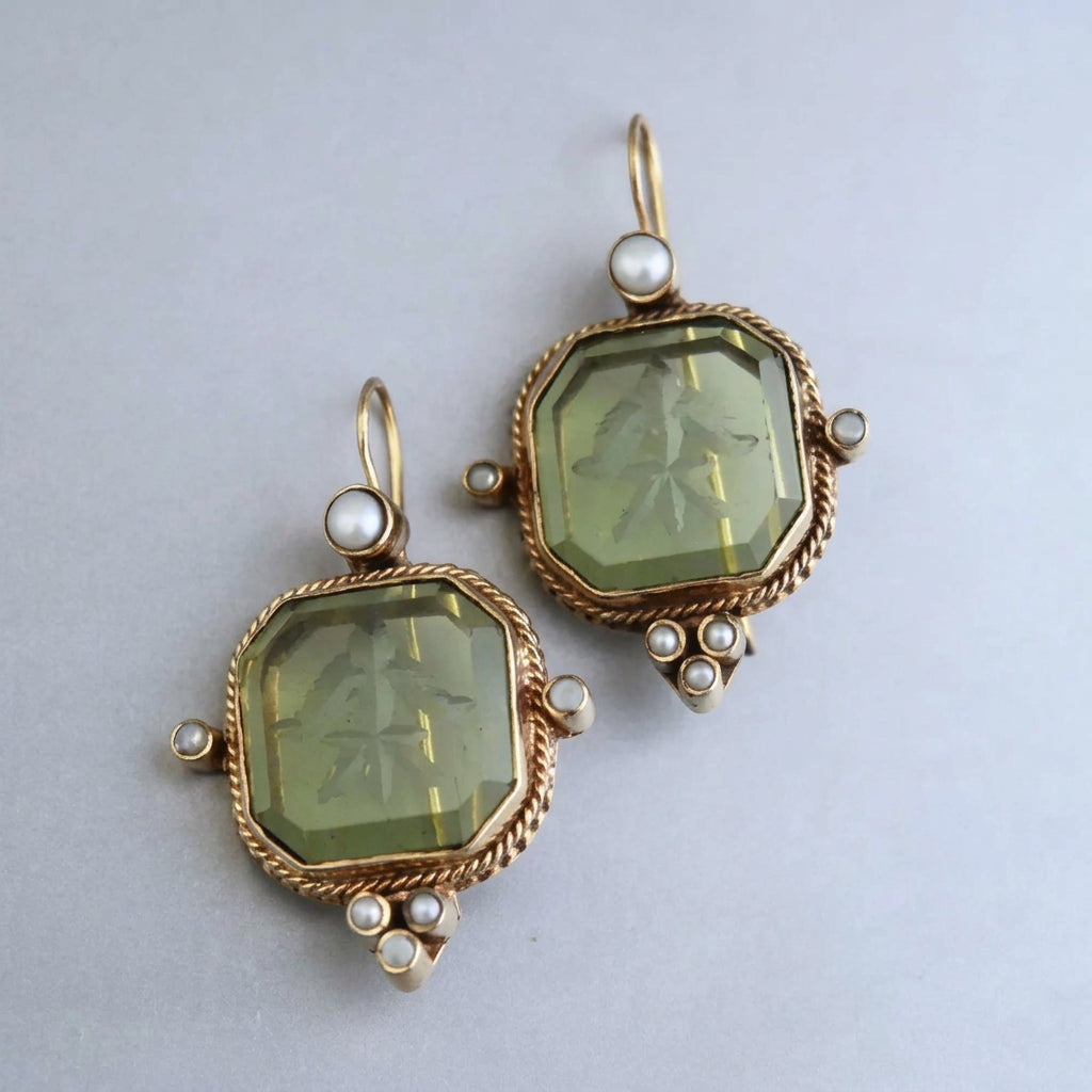 Retro Geometric Crystal Drop Earrings – Green & Blue Gems with Faux Pearls in Copper