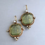 Retro Geometric Crystal Drop Earrings – Green & Blue Gems with Faux Pearls in Copper