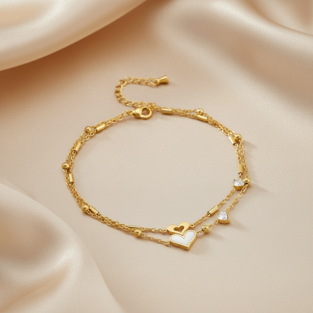 Gold Tone Stainless Steel Clover Crystal Hearts Anklet